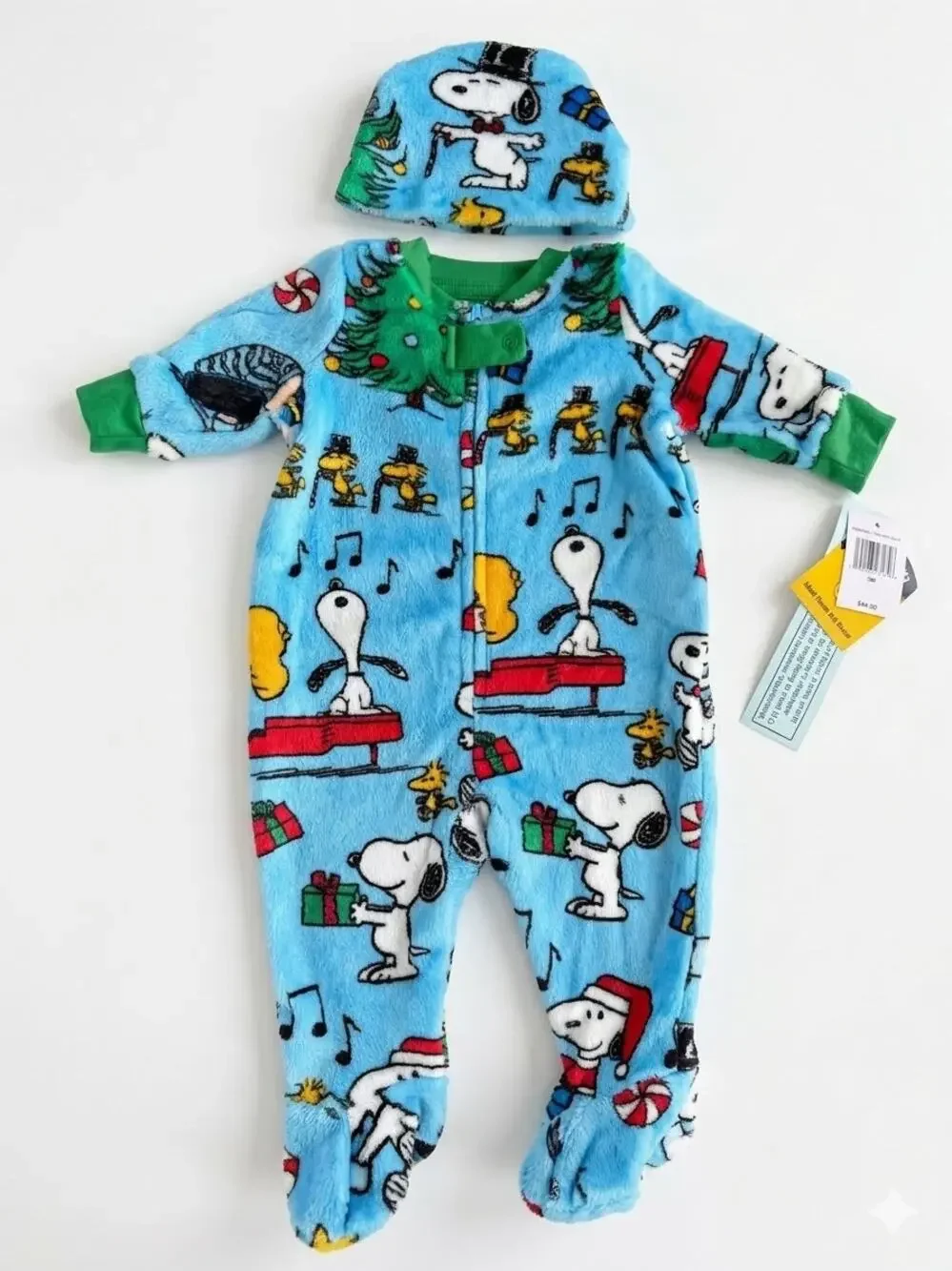 NEW! 3M Peanuts Snoopy Infant Pajamas Fleece Footed Union Suit w/Beanie Blue